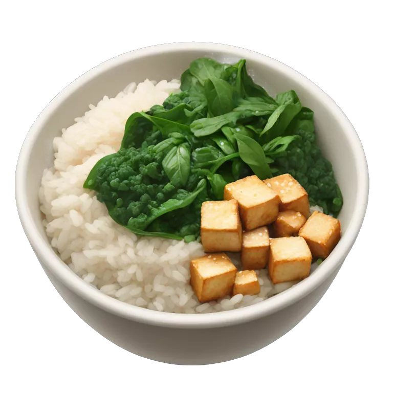 a bowl with white rice and crispy sesame tofu and spinach