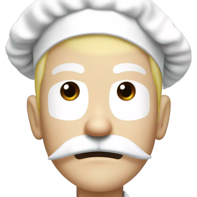 angry chef with a long blond moustache ,a long white chef's hat and blond goatee in one piece manga style
