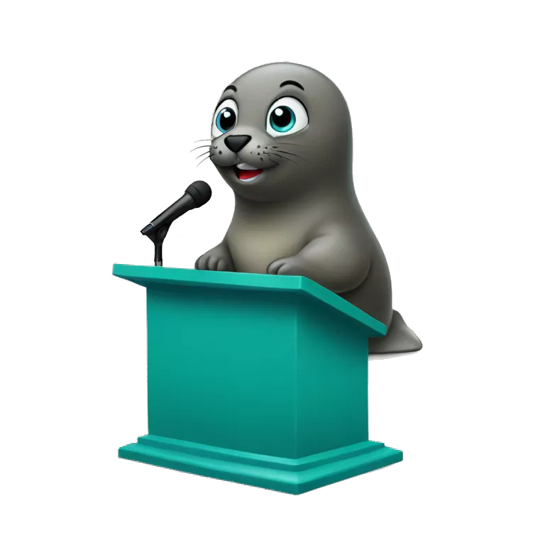teal seal giving a speech behind a podium