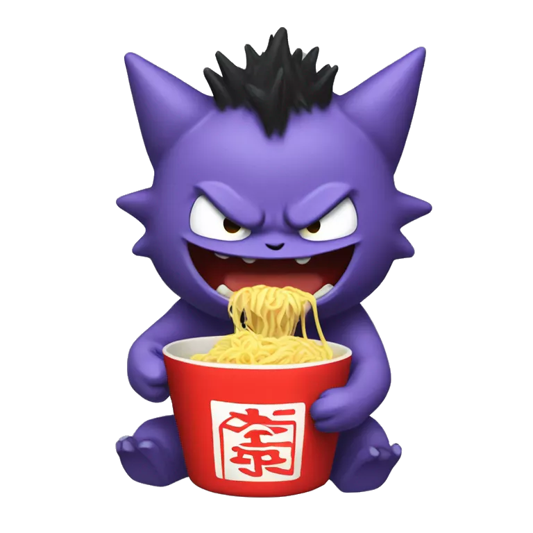 iOS emoji art style, Pokémon character Gengar, eating ramen noodles.