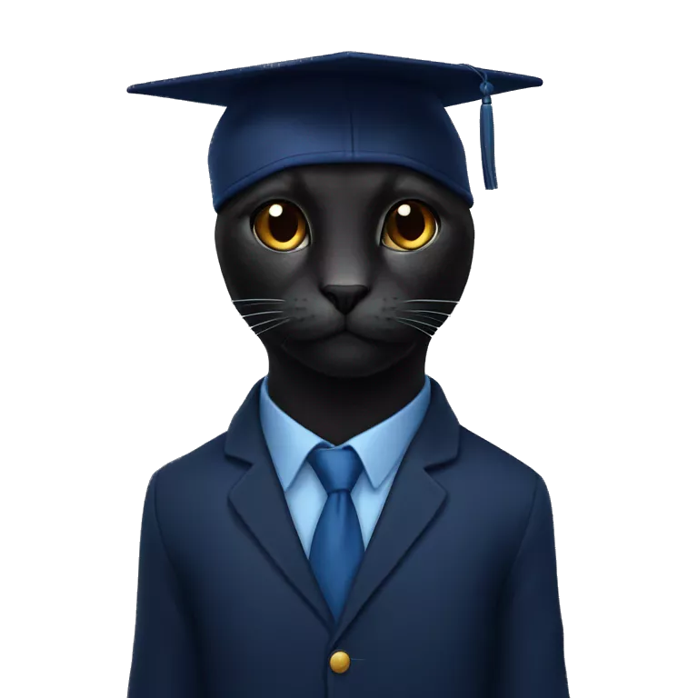 The student is a black wool cat in a dark blue suit and a square academic dark blue cap
