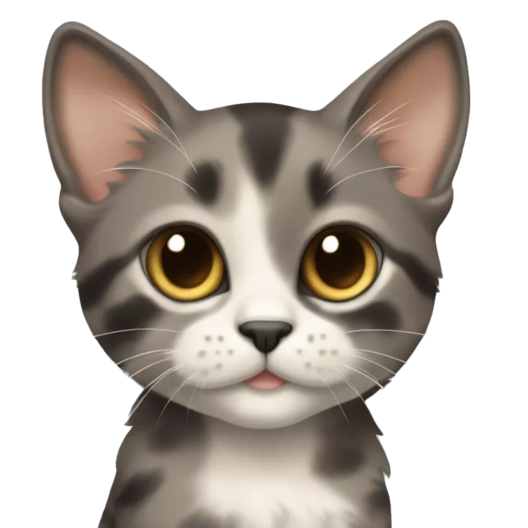 A cute medium fur kitten who is a diluted tortie, grey with cream left cheek and cream spot above eye and one on the forehead