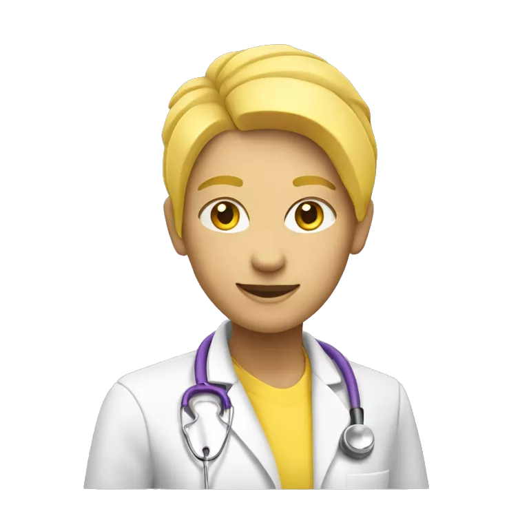 IOS-style emoji a yellow-skinned health worker, she has yellow hair, yellow skin, a purple shirt, and a white jacket, she is wearing a stethoscope. Minimalism concept. Vector Style. Subtle Shading. Subtle 3D style look