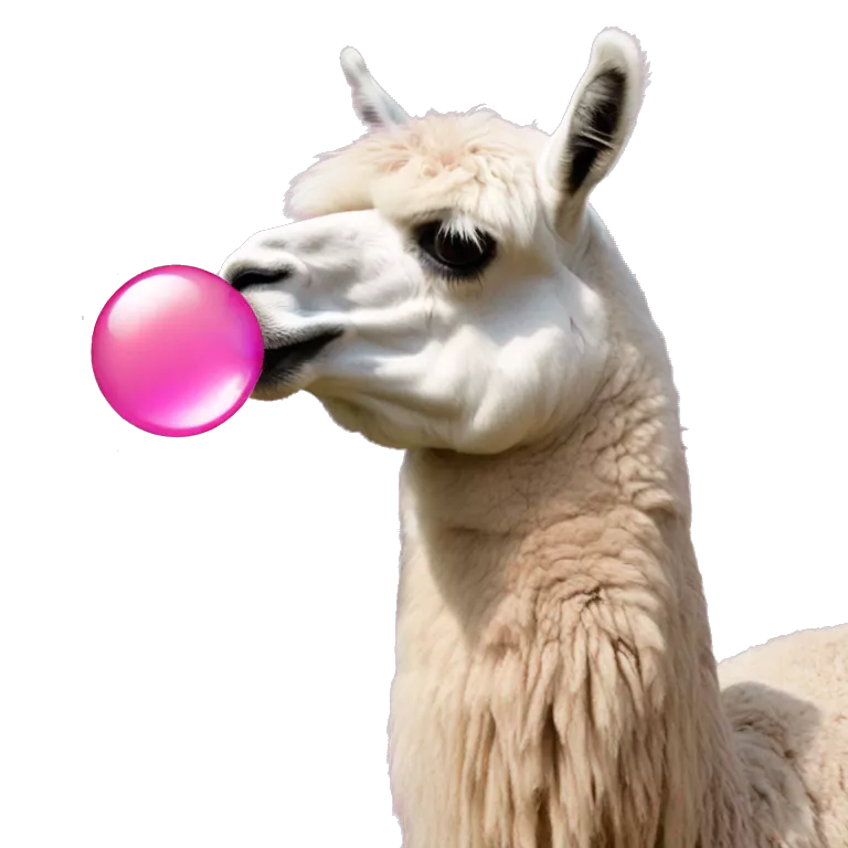 Llama blows a bubble gum bubble