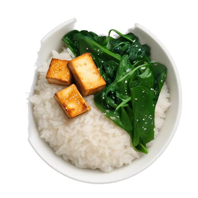 a bowl with white rice and crispy sesame tofu and spinach