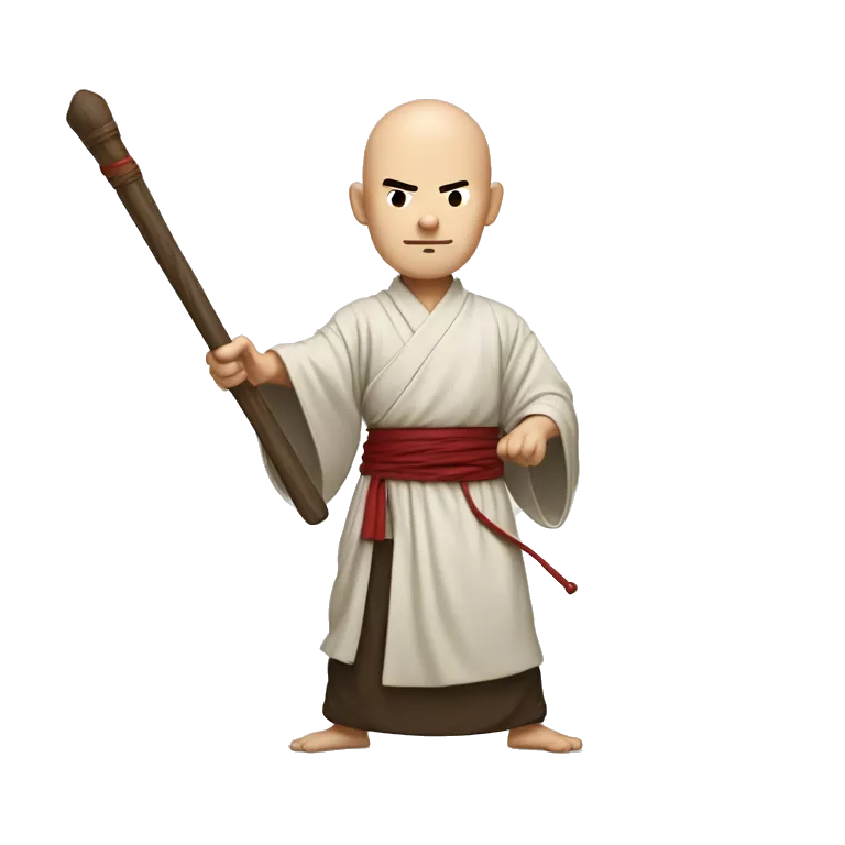 An illustration of a bald monk in traditional robes, mid-action, wielding a wooden staff. He strikes with precision, showing focus and strength. The style is cartoon-like, with a minimal background hinting at a temple or dojo