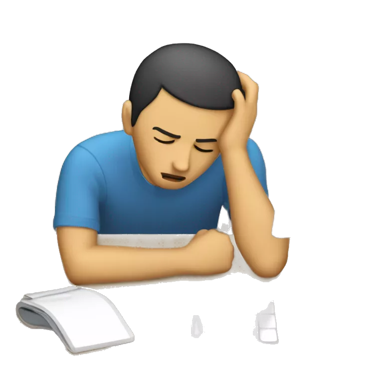 Create a simple, emoji-style image of a person with their head resting on a desk, indicating frustration or exhaustion. The person should have short hair, be wearing casual clothing, and the desk should be a plain wooden surface. In front of computer