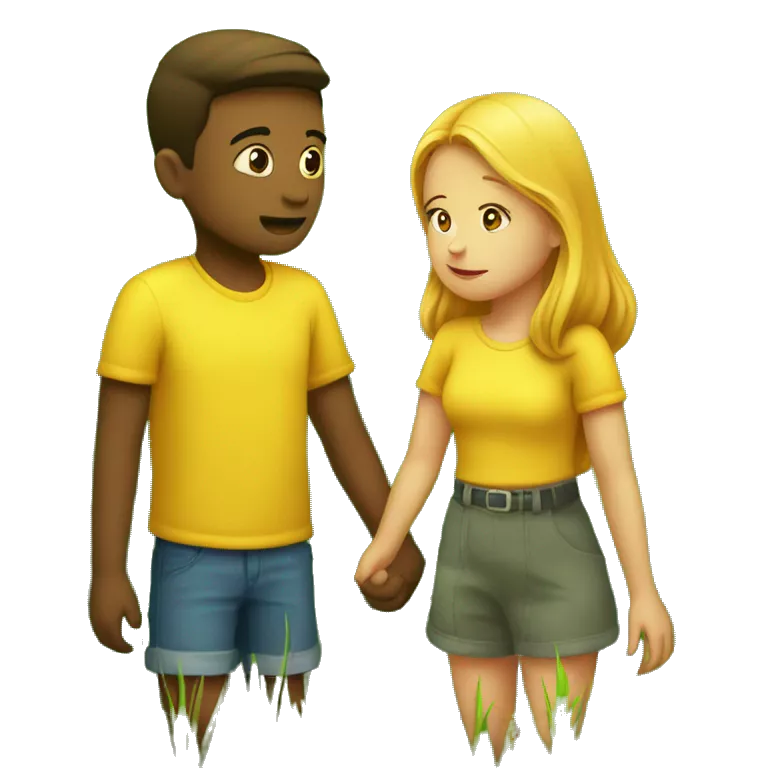 two bright yellow emojis of a boy and a girl holding hands on a lush green grass field. The girl is looking away, as if she is about to leave. The boy is looking at her with a sad expression, as if he doesn't want her to go.