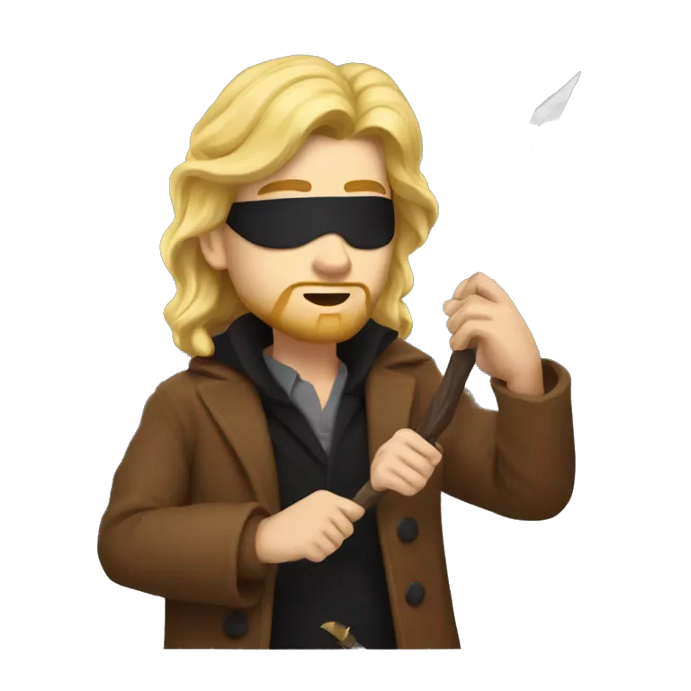 A young man with long blonde hair like waterfall, long blonde beard, red left eye, black right eyepatch, wearing a brown animal coat and holding a golden awl.