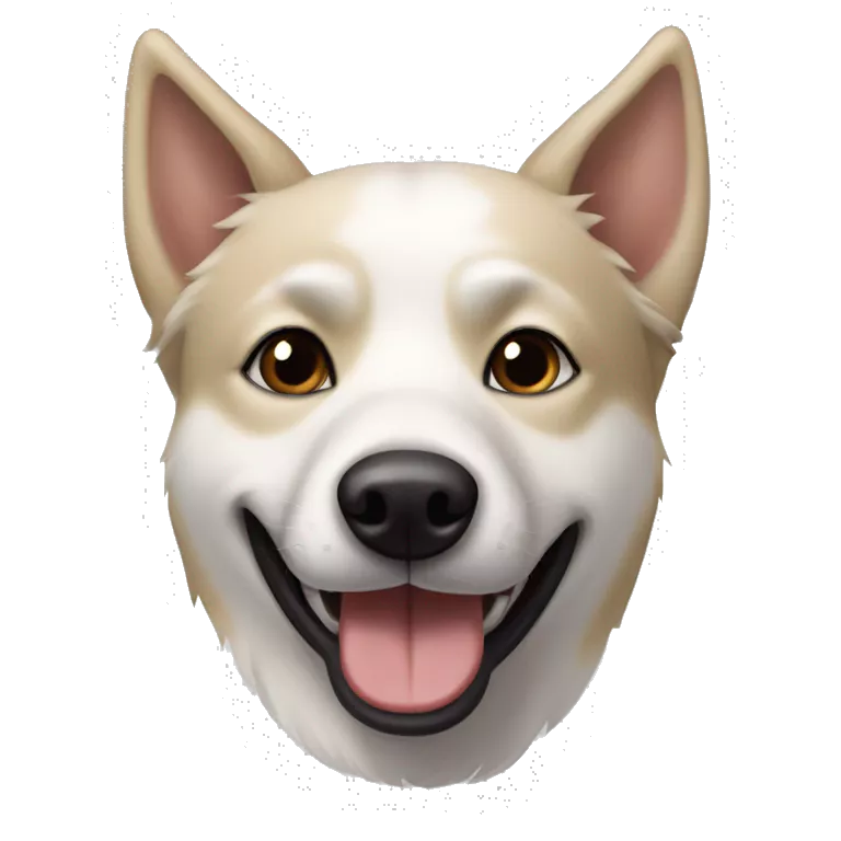 white husky-lab mix dog with completely black and tan and brown fur around his eyes and black/tan ears smiling with tongue out