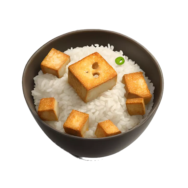 a bowl with white rice and crispy sesame tofu