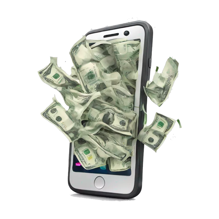 phone with dollar bills bursting out of the screen