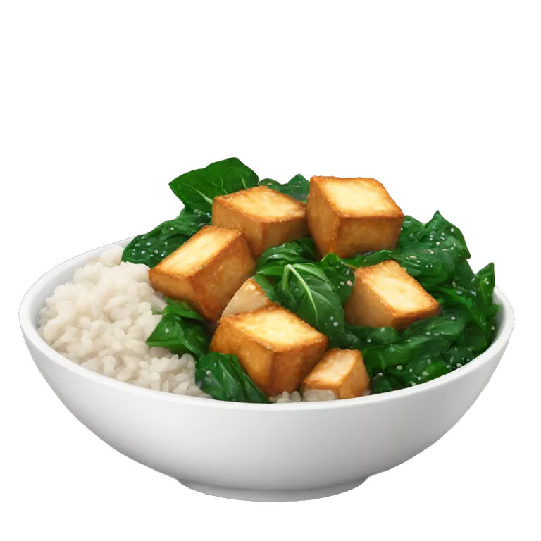 a bowl with white rice and crispy sesame tofu and spinach