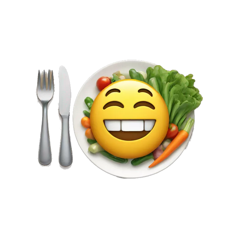 happy emoji eating a plate of food with vegetables