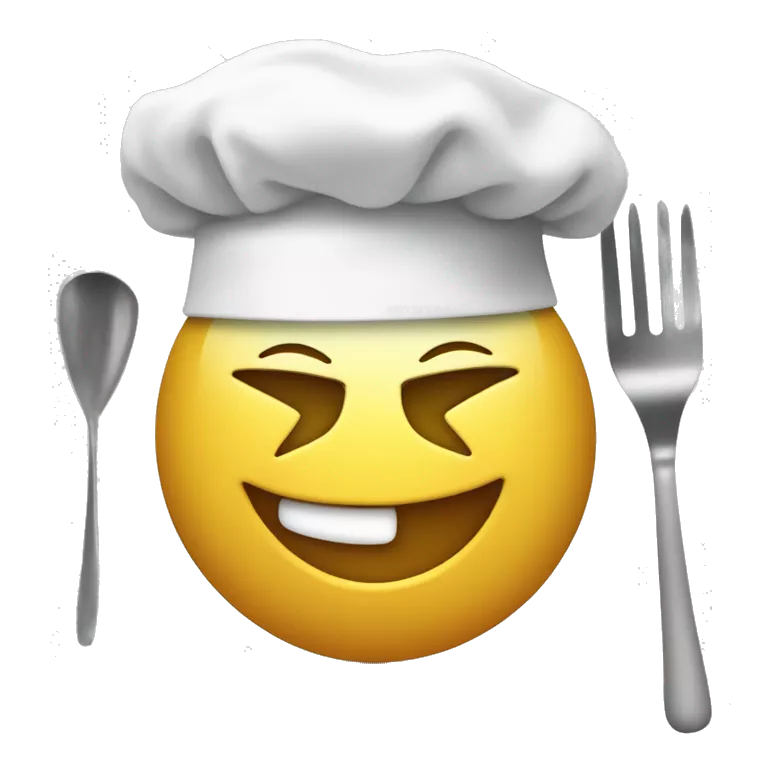 Create a Smiley face with one eye blinking, add a chef's white hat on its head, make the hat big enough, and show two hands where in one hand it is holding a spatula and mixing something in a bowl which is being held in its second hand.