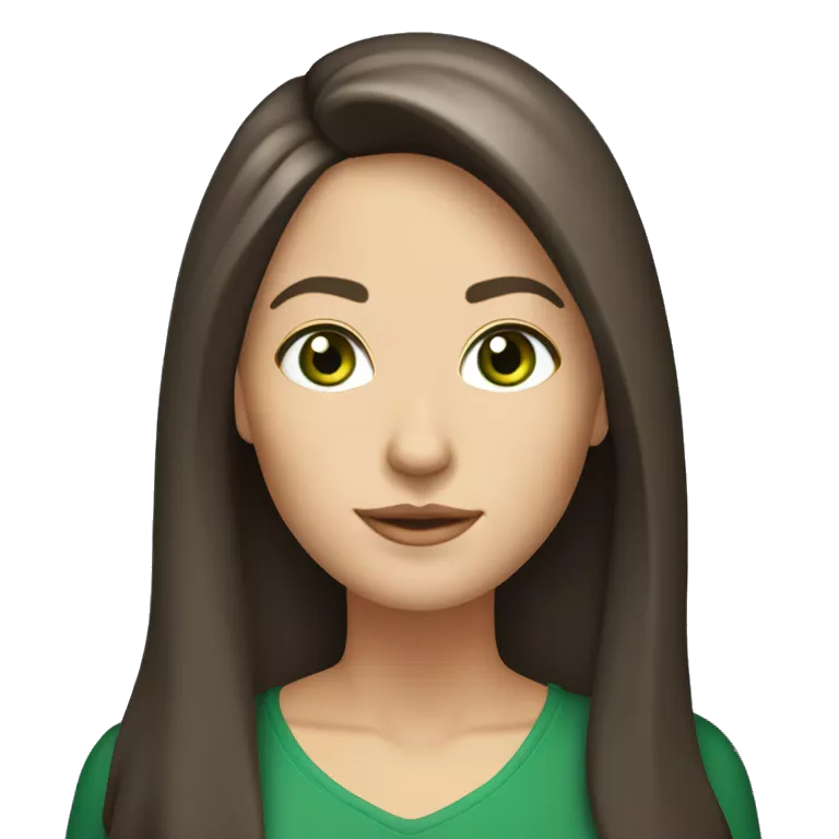 brunette medium build 42 year old teacher with green eyes, round face, white skin and long hair parted in the middle with curtain bangs