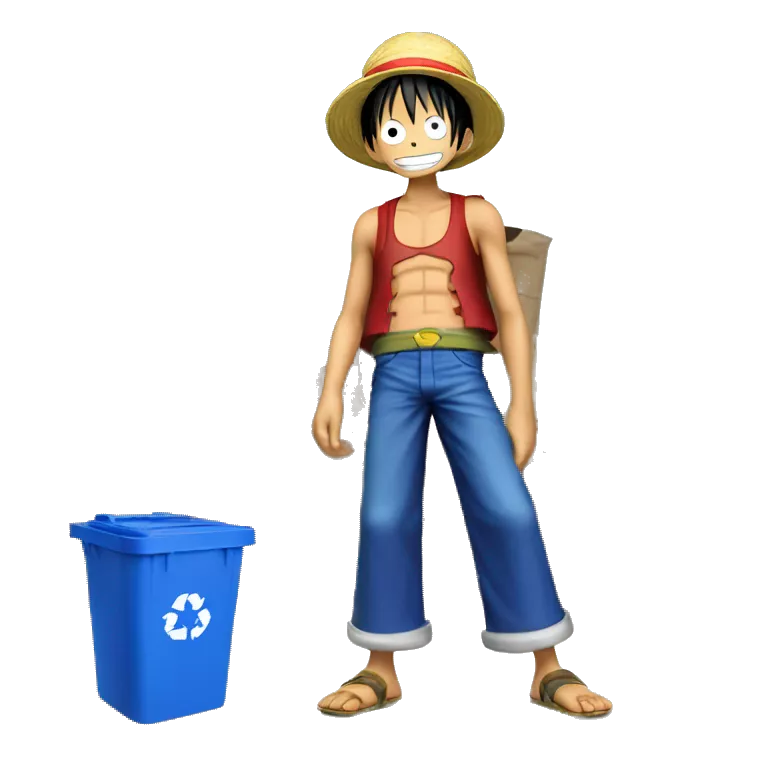 Luffy from one piece taking out his recycling bin, which has a blue body and yellow lid