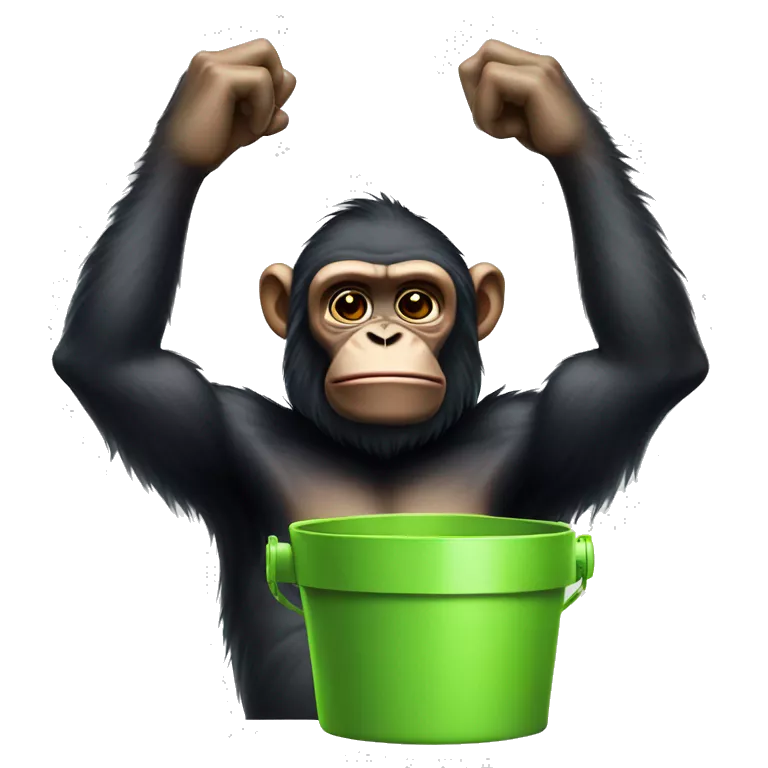 Ape covering ears pointing at a bucket of slime