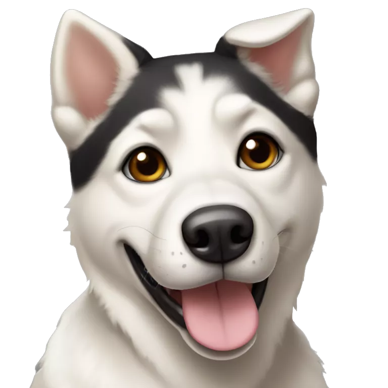 white husky-lab mix dog with black and tan and brown around his eyes and black/tan ears smiling with tongue out