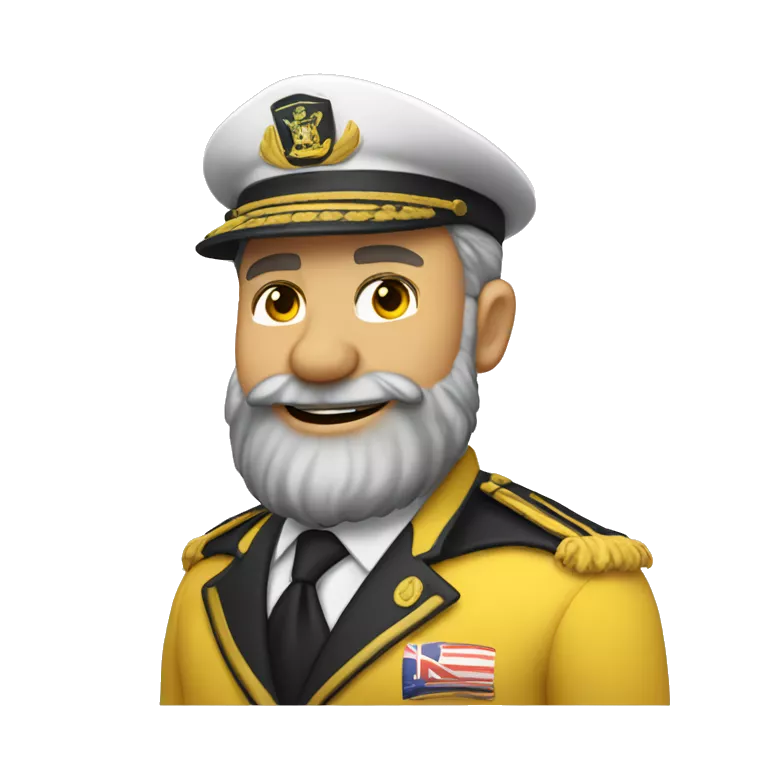 yellow classic emoji, yacht club captain, saluting, smiling, australian, beard stubble