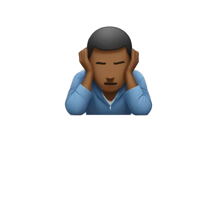person with their head resting on a desk, indicating frustration or exhaustion. The person should have short hair, be wearing casual clothing, and the desk should be a plain wooden surface.