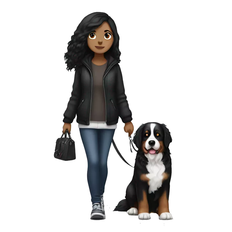 Gothic white girl with black hair walking a bernese mountain dog