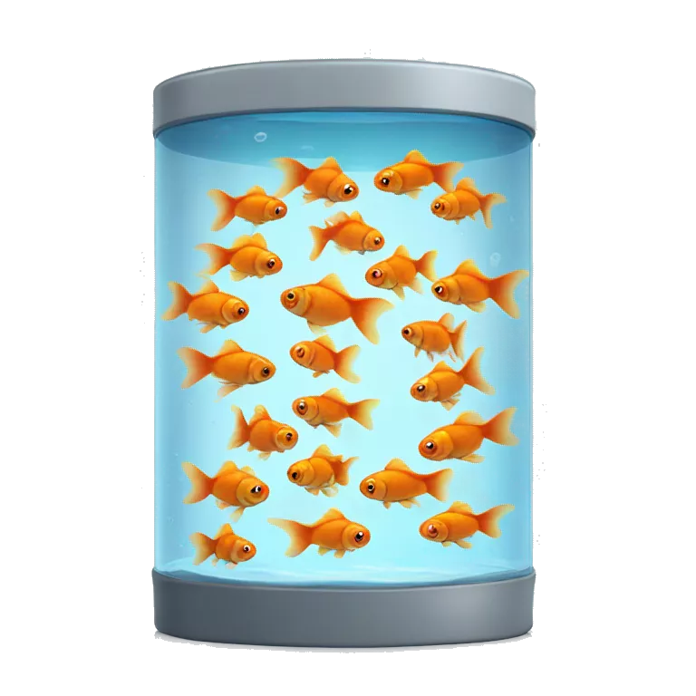 large cylindrical glass container with water and several goldfish swimming inside