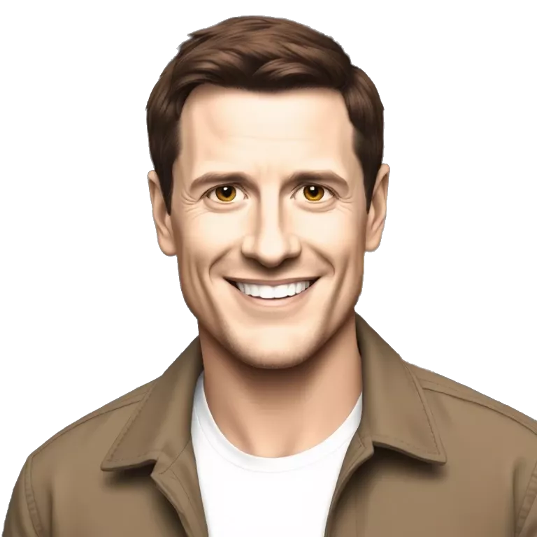 smiling white man with short dark hair. wearing white top and brown shirt