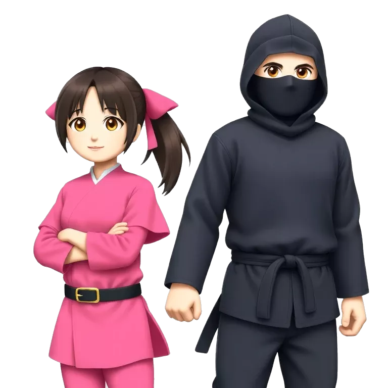 Cute anime girl in pink ninja outfit next to a ninja guy in black outfit and holding hands