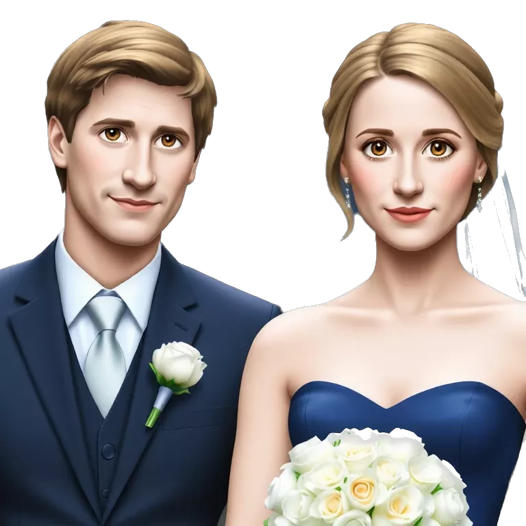 Wedding couple, groom white skin with brown hair and dark brown eyes, bride with white skin blonde hair up and blue eyes and veil and dark blue suit