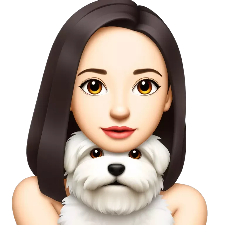 a girl with dark hair, dark eyes, light skin, medium curly hair, black eyebrows, wearing pink lipstick, holding a white maltipoo dog, with straight hair