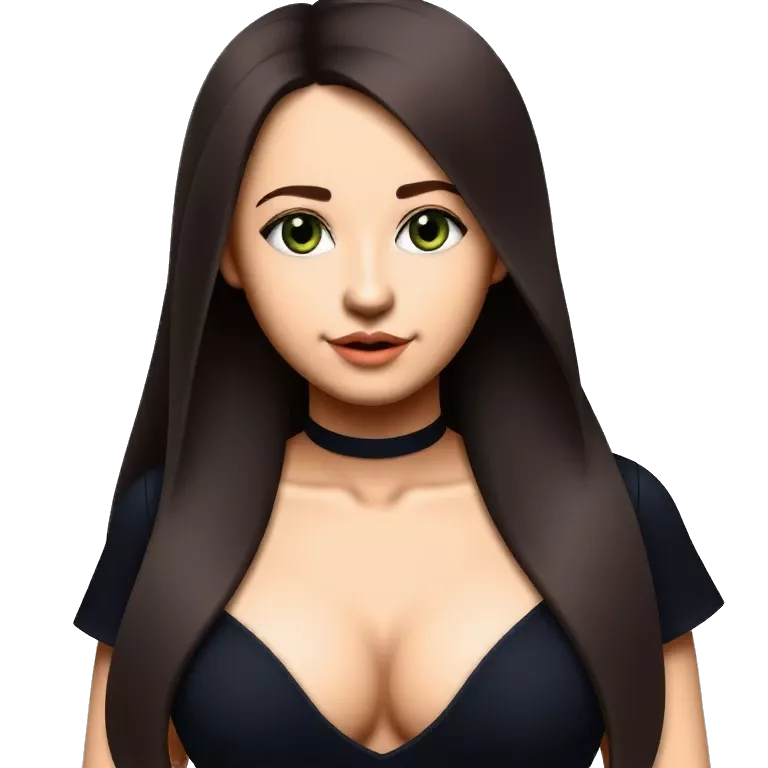 Girl with long dark brown hair and dark green eyes small nose piercing big chest black shirt emoji