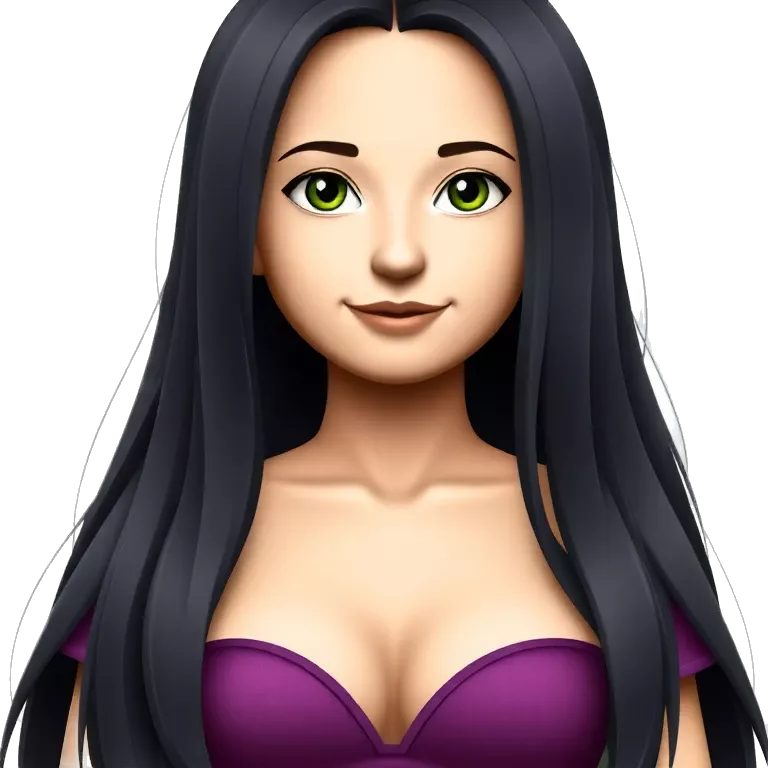 Girl with long dark brown hair and dark green eyes big chest