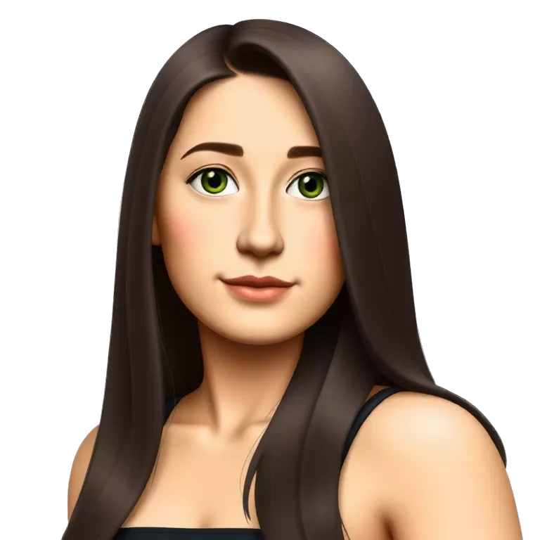 teenage girl with long dark brown hair and dark green eyes small nose piercing big chest emoji upper body