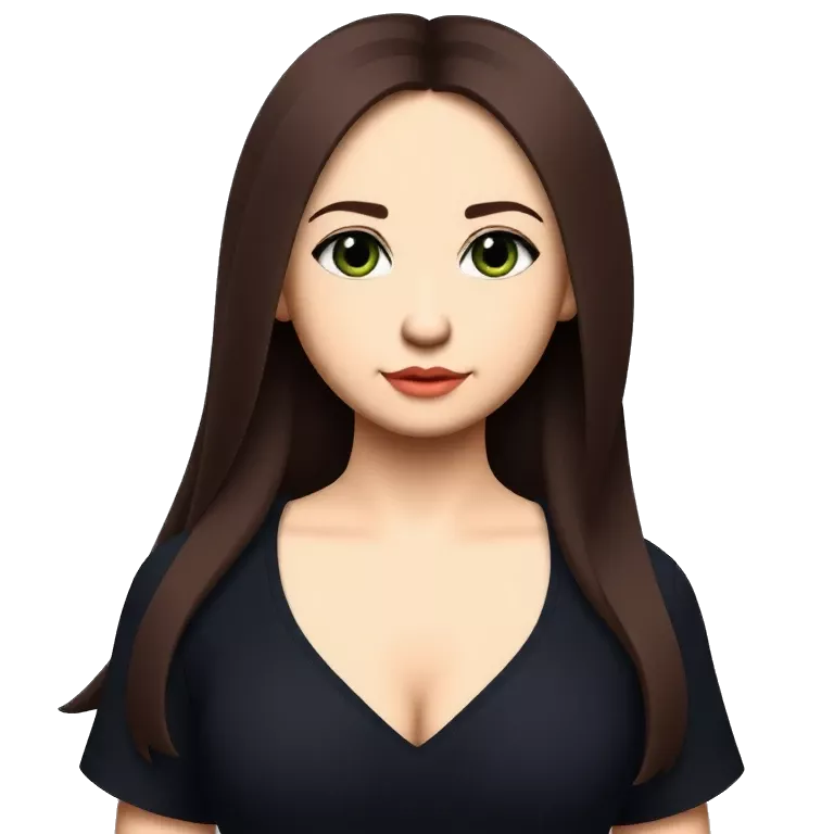Girl with long dark brown hair and dark green eyes small nose piercing big chest black shirt emoji