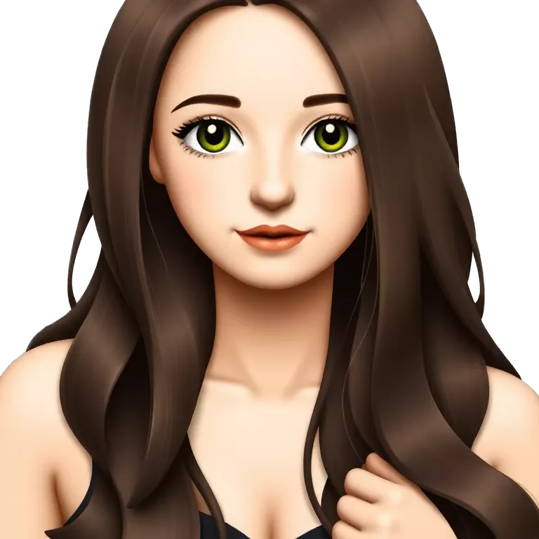 teenage girl with long dark brown hair and dark green eyes small nose piercing big chest emoji