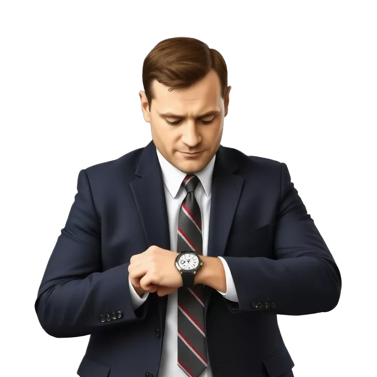 suit looking at his watch on his wrist