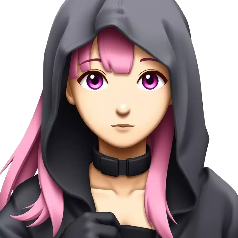 Anime girl with pink shoulder long hair, having a black cyberpunk cloak over half of her head, pink eyes