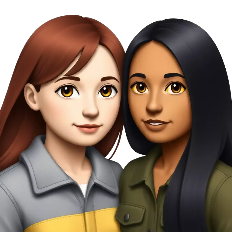 Two girls one with brown red hair  and fair skin with brown eyes snd one with tan caramel lightskin and black hair with brown eyes latina