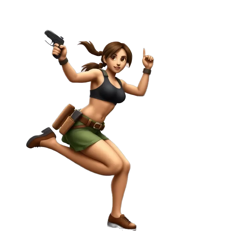 Jumping Lara Croft with gun and temple ruins in background