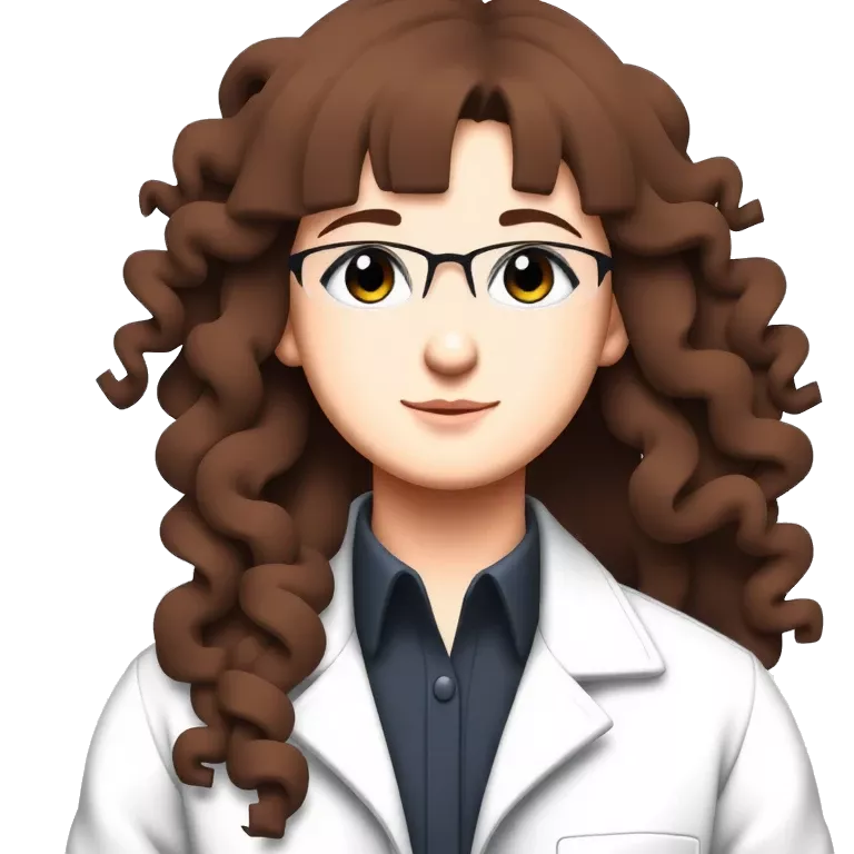 Girl with long curly brown hair, white skin and wearing glasses and her eyes are black, WITH WHITE COAT AND A CHEMICAL ELEMENT