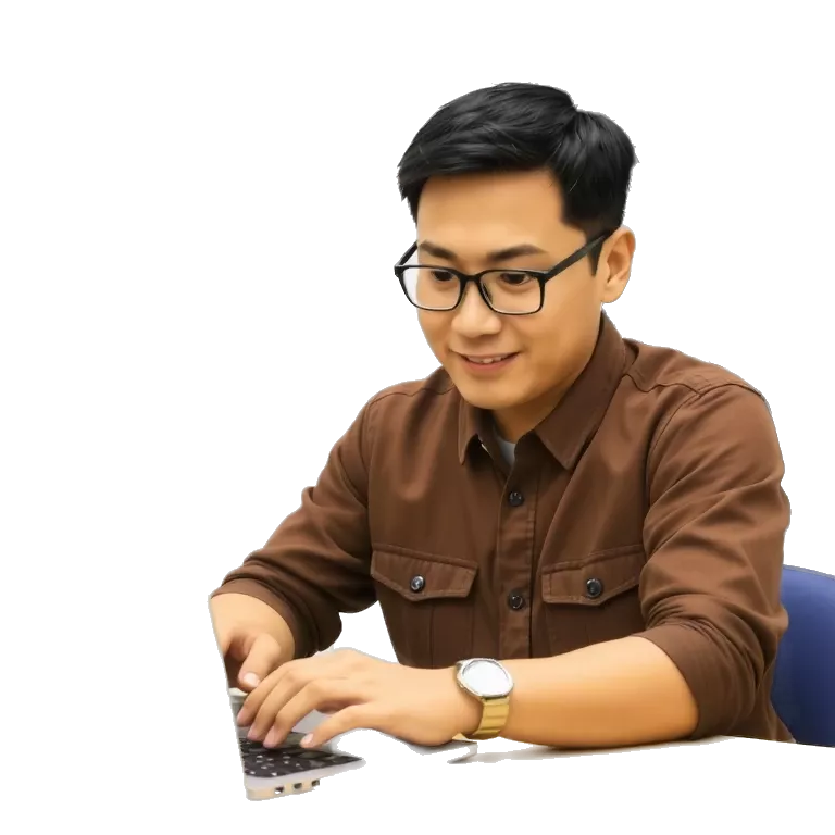 brown asian nerdy man working on laptop