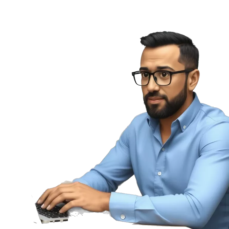 brown asian nerdy digital marketer with light beard and specs, working on laptop