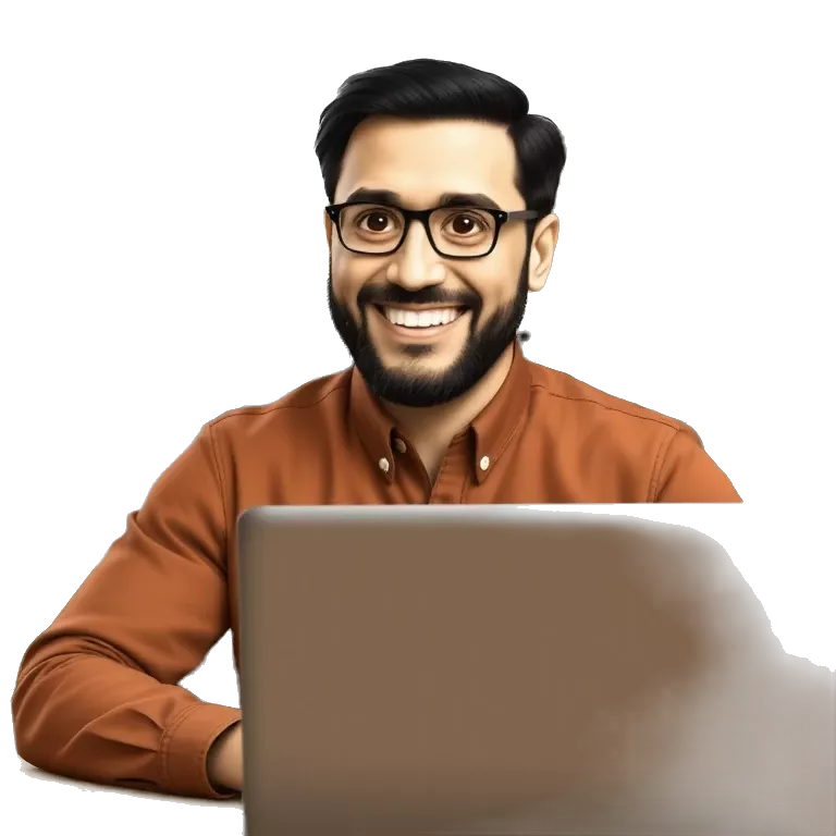 brown asian nerdy digital marketer with light beard and specs, working on laptop
