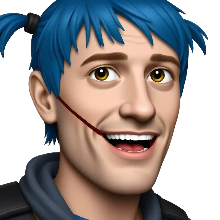 sal fisher has a scar that runs diagonally across the right side of his mouth, splitting his lips and exposing his teeth.  and vivid blue hair that is normally pulled back into pigtails.