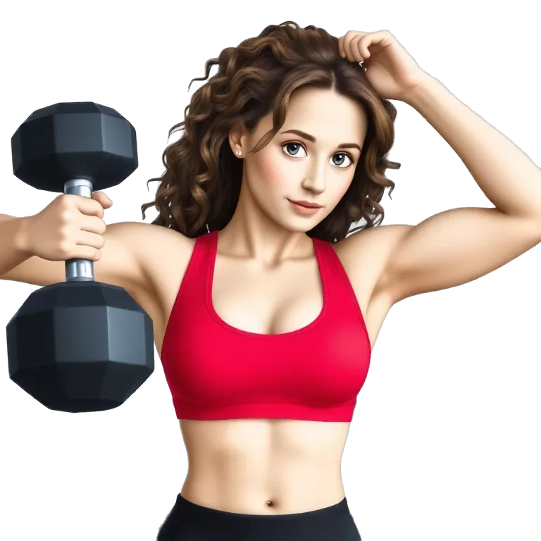 fitness girl with Brown  curly long Hair, Blue Eyes, Pale Skin, Red Sports-Bra and a Black Bikershorts doing biceps curls with a Dumbell