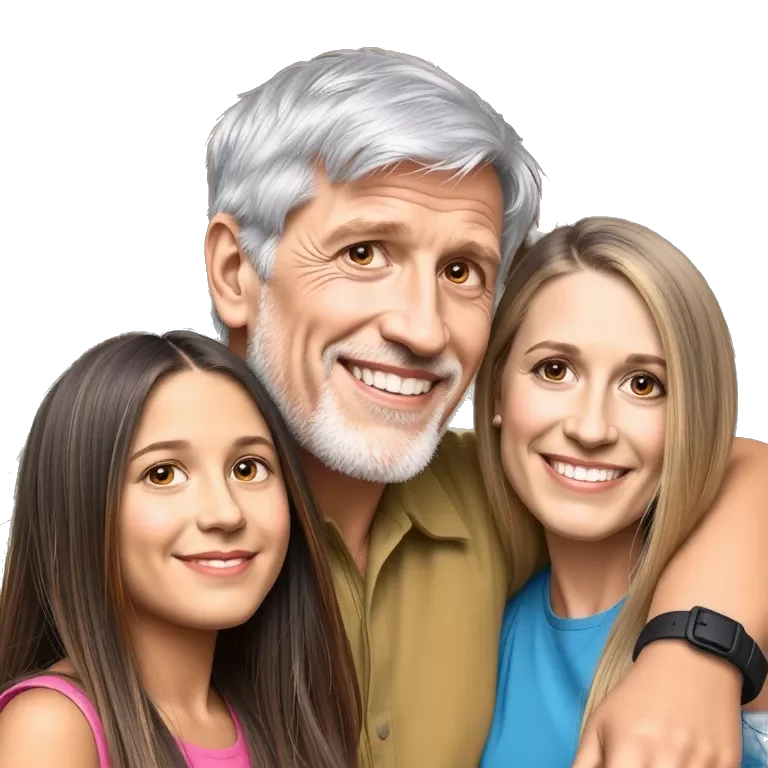 white dad with grey hair, daughter with brown hair, daughter with blonde hair, daughter with light brown hair