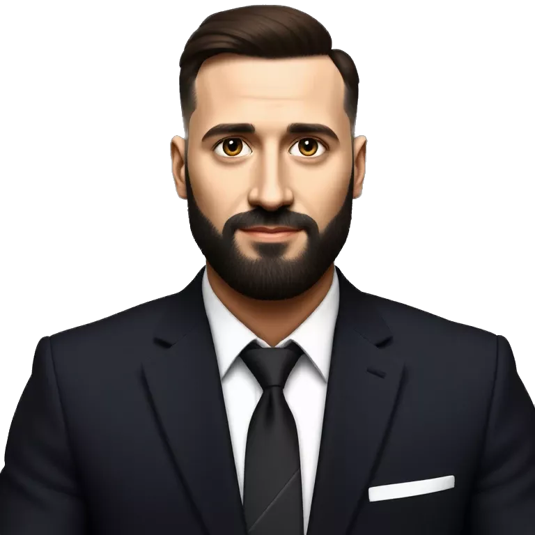 Create a black hair guy and and black beard and dark brown eyes and handsome and wearing a black suit