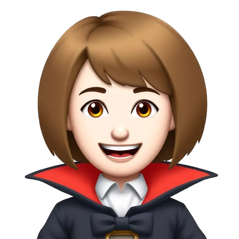 emoji of an teen girl with pale skin, short brown hair, red irises, sharp teeth, wearing a vampire costume tiktokemojis