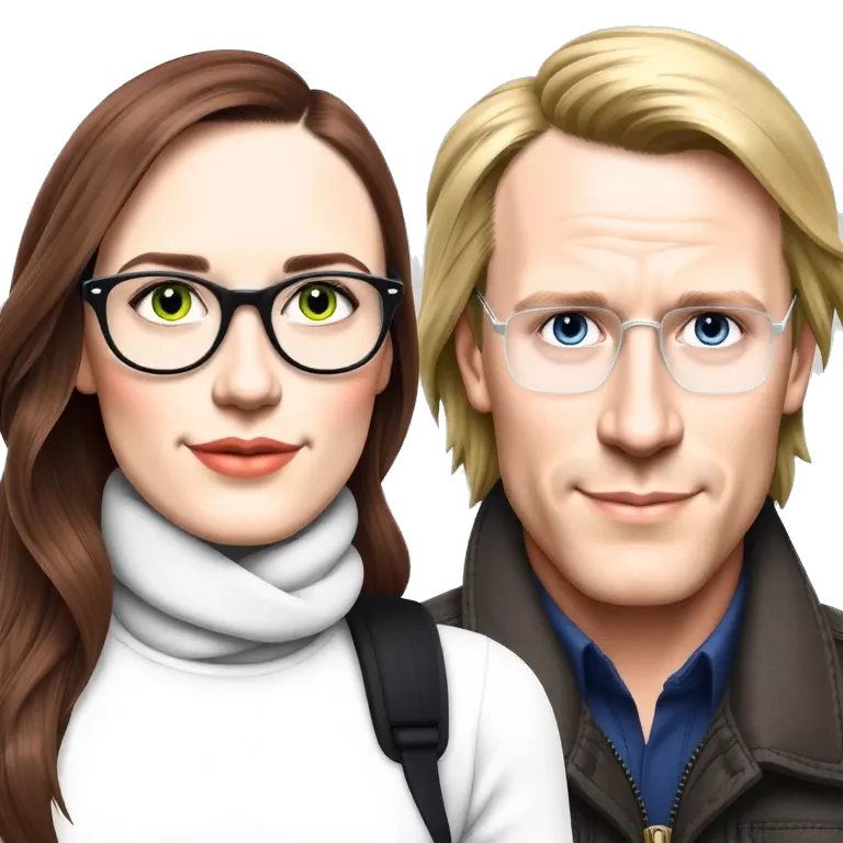 couple consisting of a white girl with round black glasses and shoulder length brown wavy hair and green eyes, taller white man with square white glasses and blonde hair and blue eyes tiktokemojis